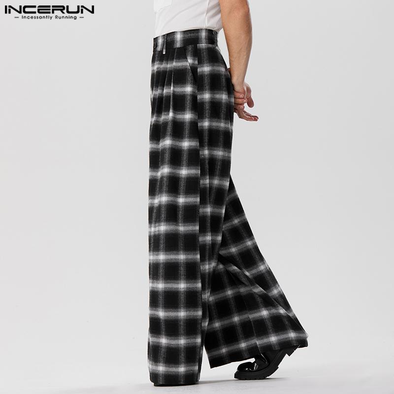 INCERUN Pánské kostkované ležérní dlouhé kalhoty s elastickým pasem