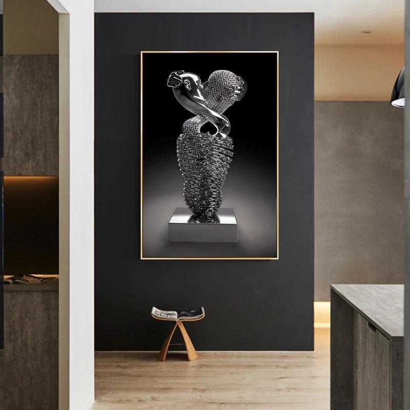 Umarmender Kuss Metallstatue Leinwandgemälde Abstrakter Liebhaber Poster und Drucke Wandkunst Bilder für Wohnzimmer Wanddekoration Cuadros