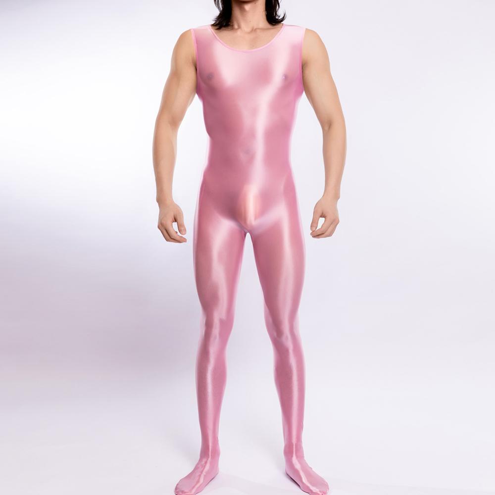 Sexy Men Candy Color Oil Glossy Shiny Shapping Bodysuit Smooth Sheer See Through Tights Elastic Fitness Leotard Sleeveless