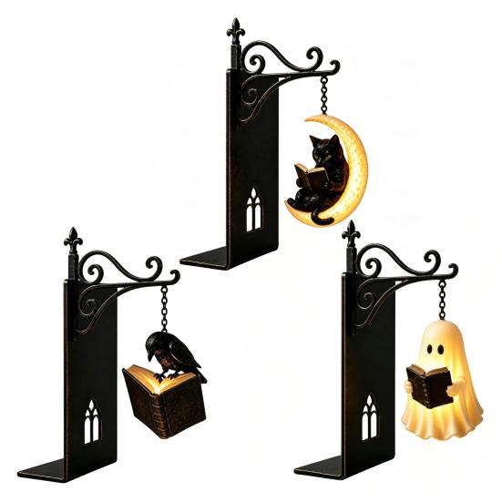 Decorative Metal Bookends for Shelves Gothic with Hanging Light, Cat Raven Ghost Unique Study Room Accessories Bookshelf Lamp, Vintage Church