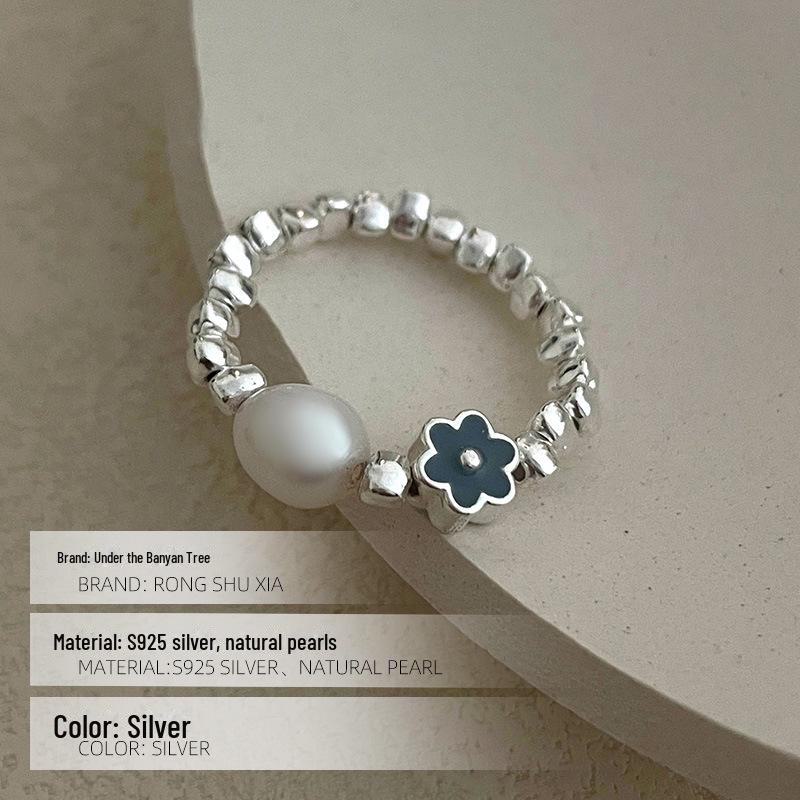 Banyan Tree S925 Silver Blue Glaze Flower Pearl Ring