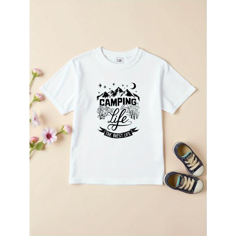 Kids Summer Crewneck T-Shirt, Happy Life Letter & Cartoon Plant Print 110