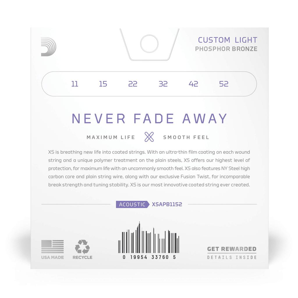 XS Coated Phosphor Bronze Acoustic Guitar Custom XSAPB1152 D'Addario Strings, Light, .011-.052,