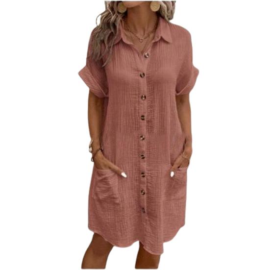 Women's Summer Midi Dress POLO-Neck Short Sleeve Button Knee-Length Dress Loose Shirt Dress