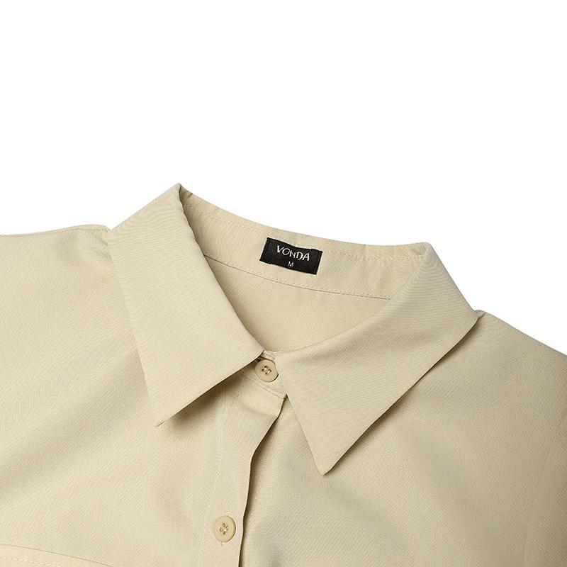 VONDA Women Turn Down Collar Casual 3/4 Sleeve Loose Office Shirts Dress Work Wear