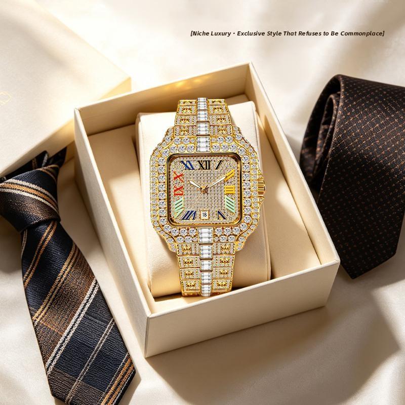Mens Iced Out Watch Square Full Diamond Quartz Wrist Watch with Luminous Hands Date Waterproof Hip Hop Style