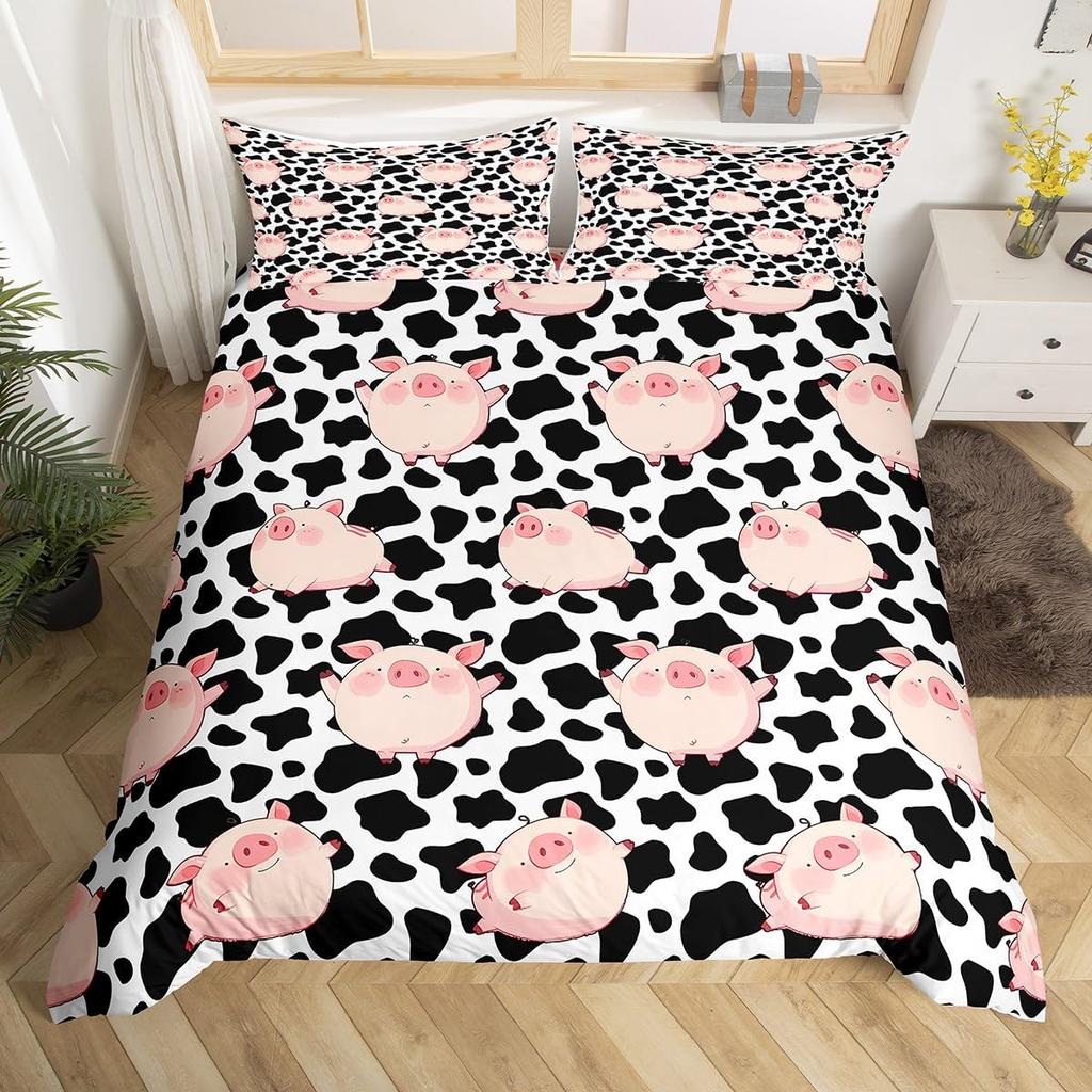 Pink Pig Duvet Cover For Girls Kawaii Room Decor Twin, Rose Floral Leaves Comforter Cover Cute Farm Animal Cartoon Bedding Set