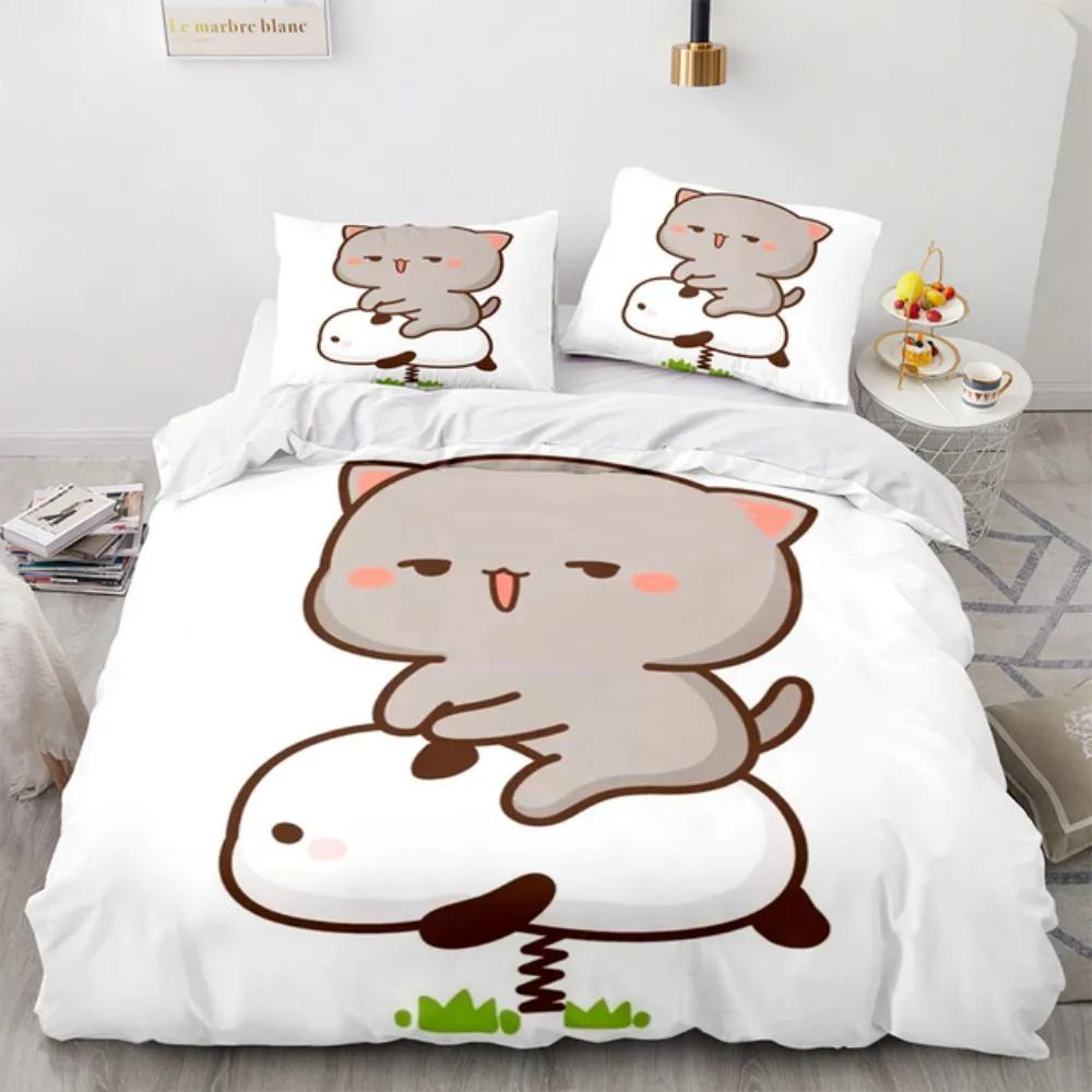 Cartoon Lovely Peach Cat Bedding Set Boys Girls Twin Queen Size Duvet Cover Pillowcase Bed Kids Adult Fashion Home Textileextile