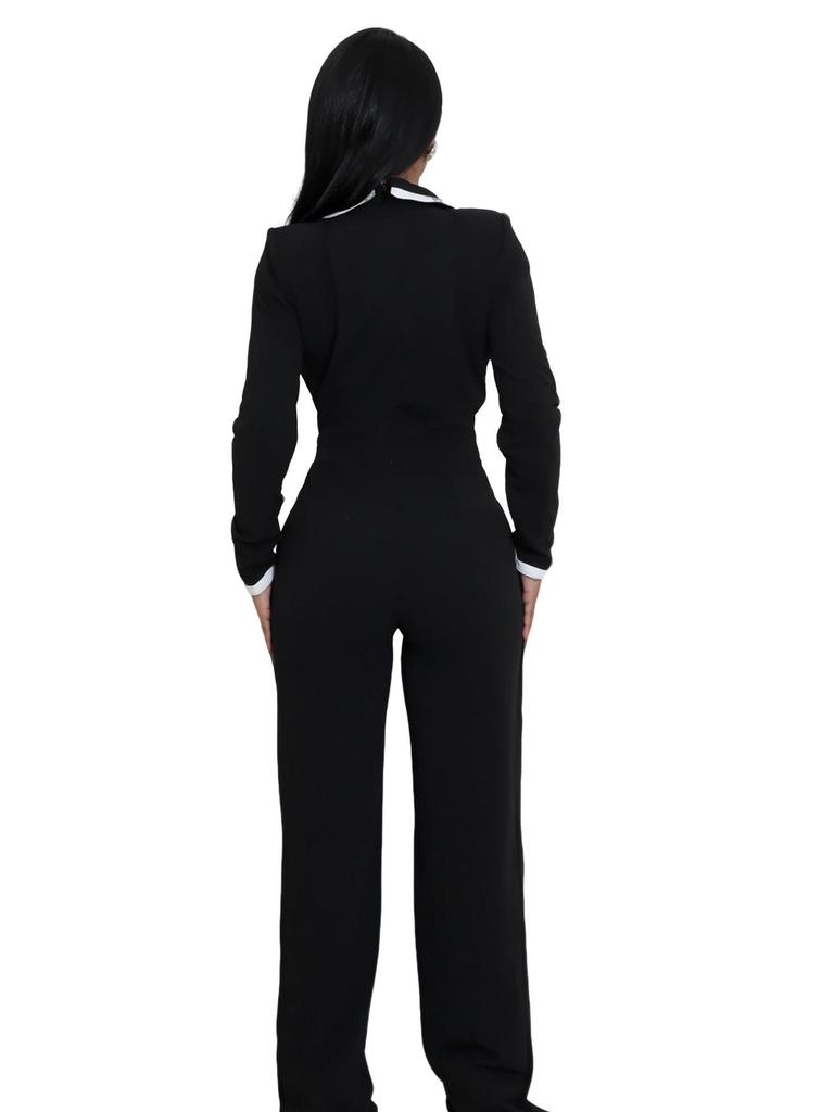 Europäischer & Amerikanischer Mode-Jumpsuit mit Gürtel, Patchwork, Langarm, Herbst/Winter-Stil