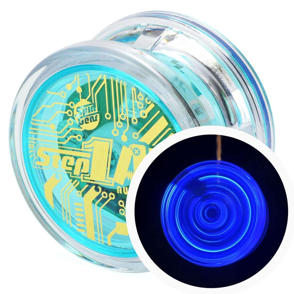 Spin Gear Step One AR mit QR-Code für Anweisungen x Leuchtendes Yo-Yo, Auto-Return Yo-Yo (Klares Blau)