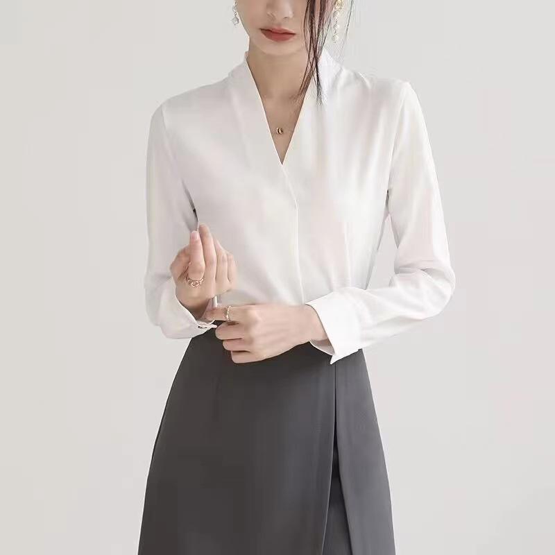 V-Ausschnitt Weißes Hemd Damen Oberteil Frühling und Herbst V-Ausschnitt Professionelles Langarmhemd