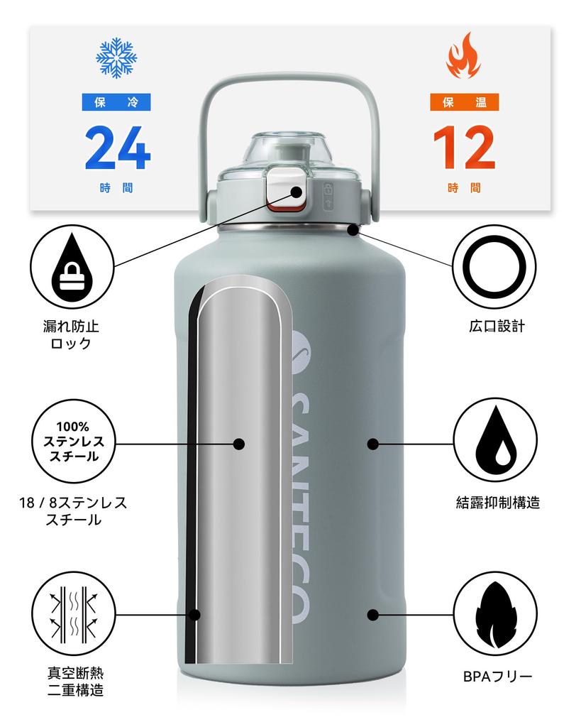 SANTECO Thermos Water Large with Direct Stainless Vacuum Blue Gray Bottle, Insulated, Capacity, 1900ml, Straw, Drinking, Steel, Insulated,