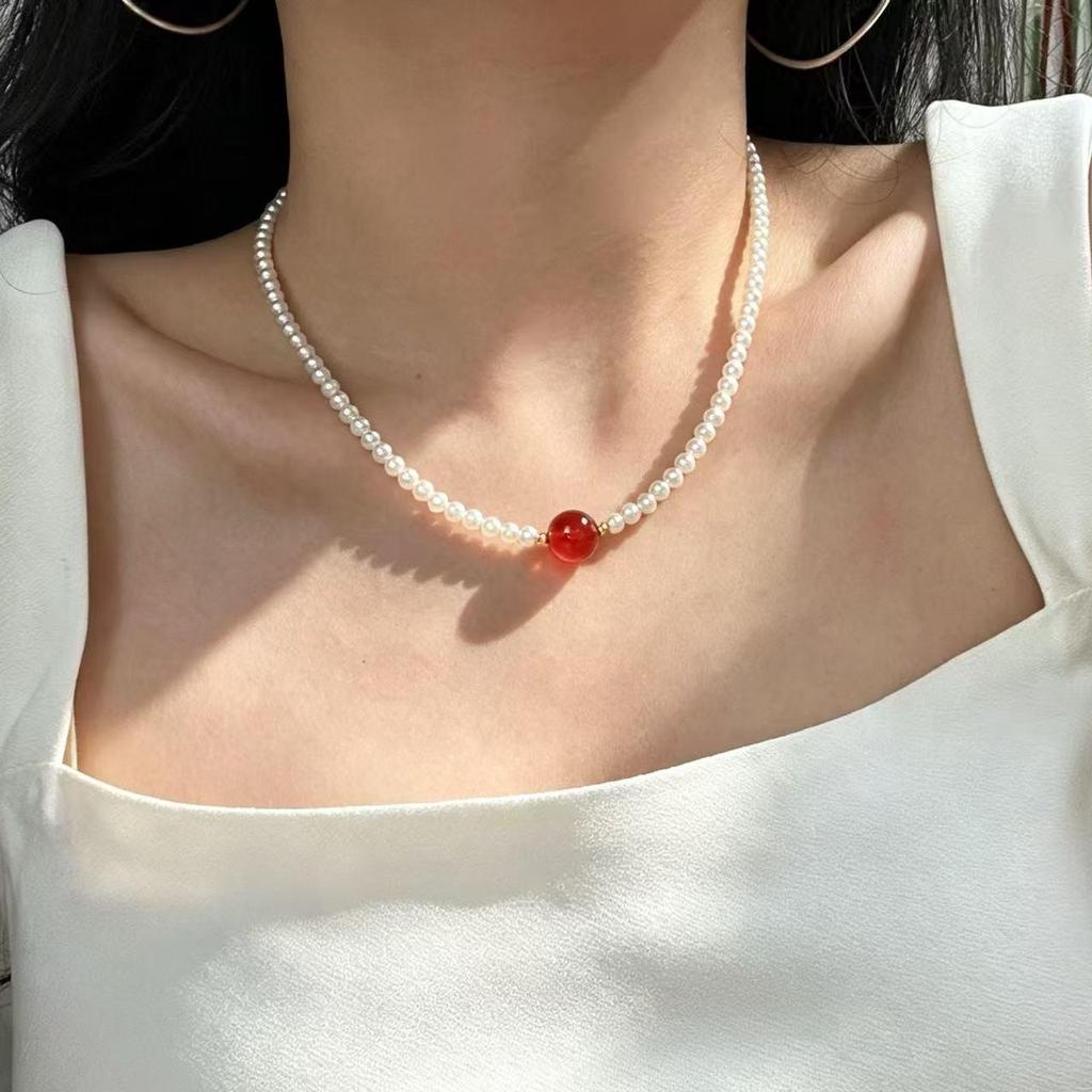 Exquisite High-Gloss Imitation Pearl & Pigeon Blood Red Carnelian Collarbone Necklace