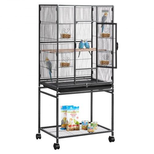 VEVOR Bird Cage, 625 x 425 x 1370 mm, Flat Top, Wrought Iron Bird Flight Cage with Perches, Slide-Out Tray and Plastic Feeders, Casters, for Parrot