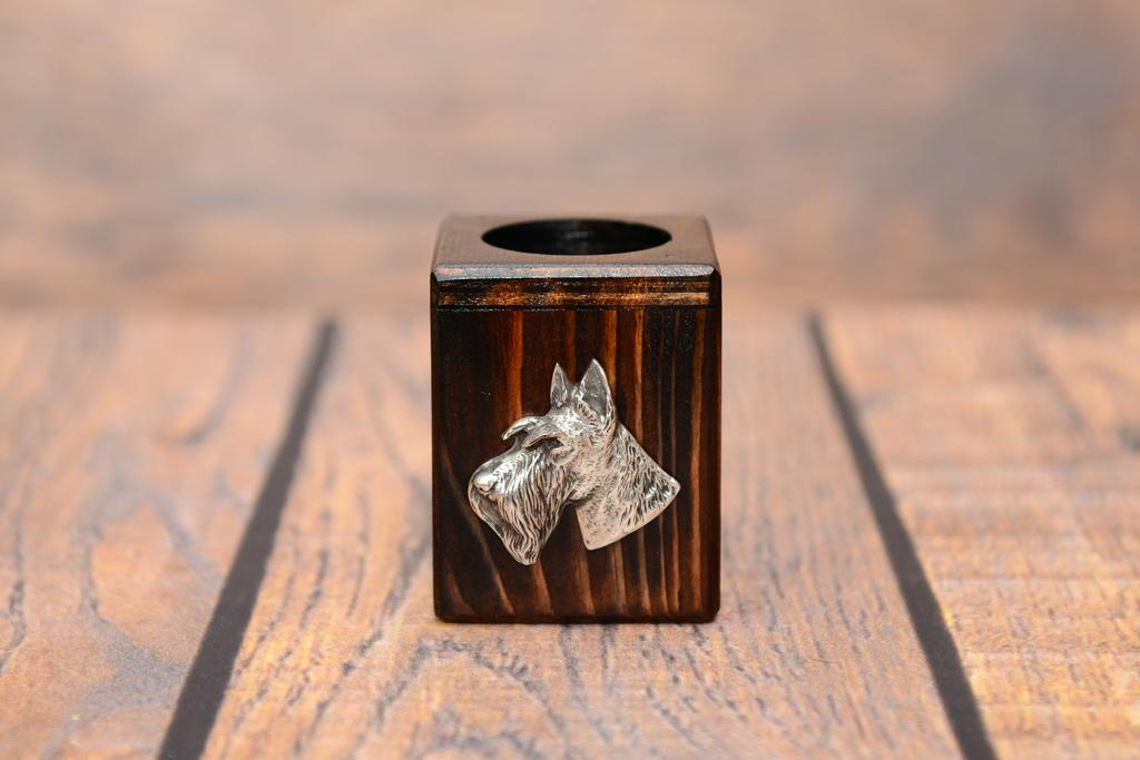 Scottish terrier, Aberdeen Terrier- wooden candle holder with a dog, a unique souvenir after losing a dog, a handicraft from the Art-Dog brand