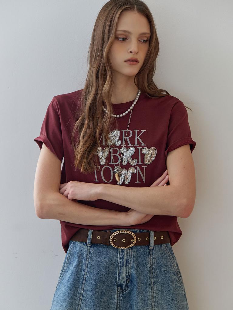 MAXZA Sequin Lettering Round Neck Short Sleeve T-Shirt