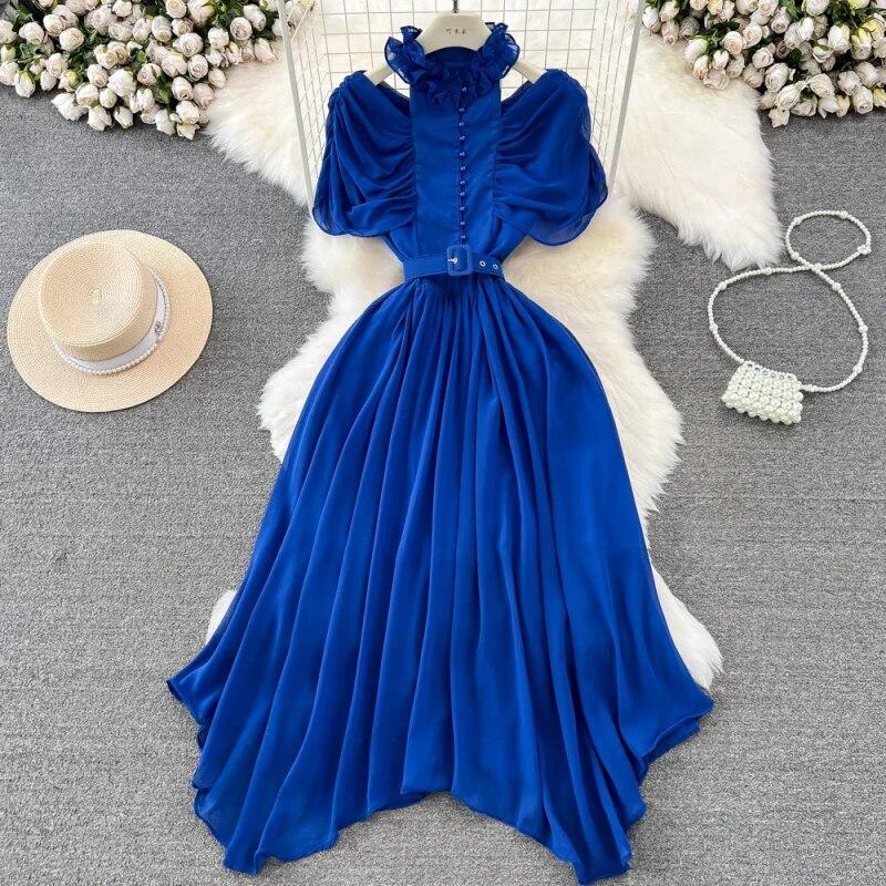 Frauen Süße Stehkragen Off Schulter Plissee Taille Schlank A-linie Elegante Lange Kleid Mode Frühling Herbst