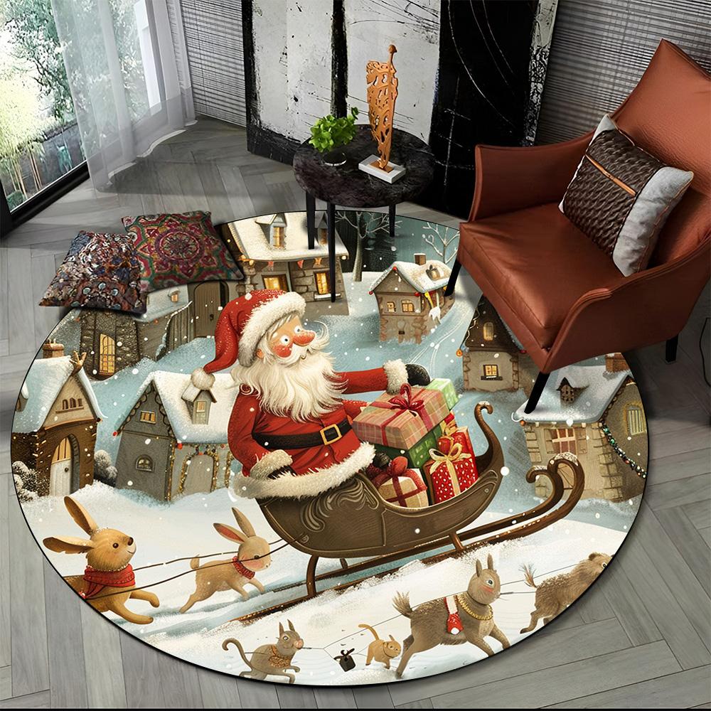 Cartoon Santa Claus Merry Christmas Snowman New Year Round Carpet Rug for Bedroom Living Room Sofa Decoration,Decor Floor Mat
