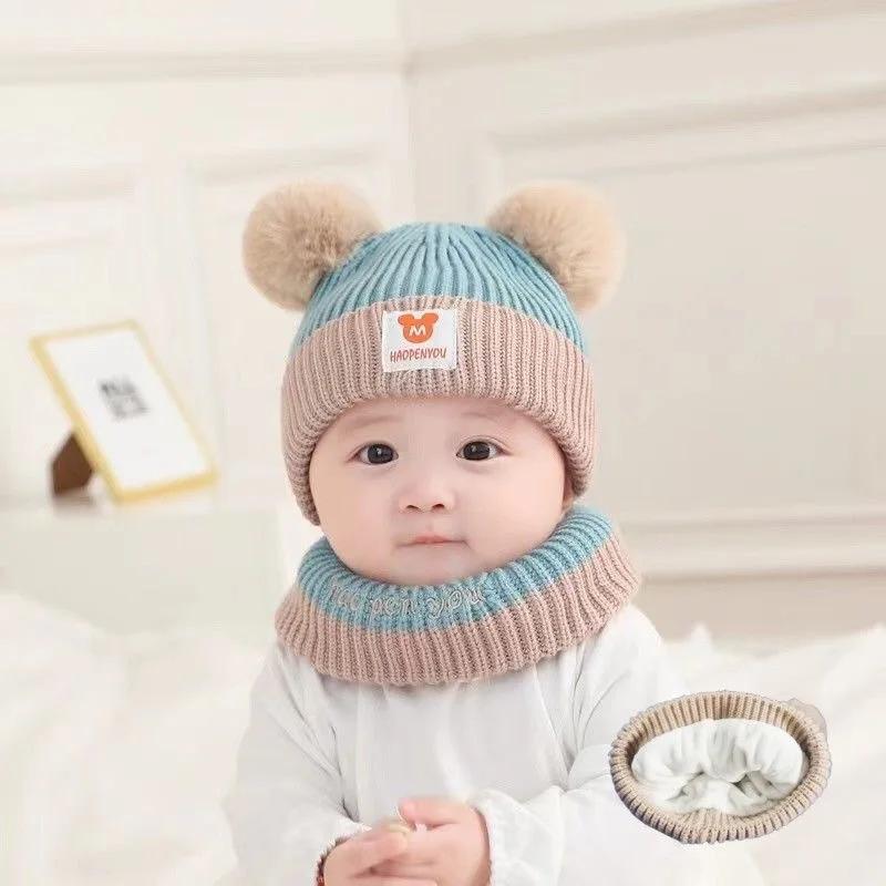 1 conjunto de chapéu de bebê cachecol conjunto urso quente tricô crianças inverno chapéu boné boné infantil criança criança crianças chapéu meninos meninas crochê gorro