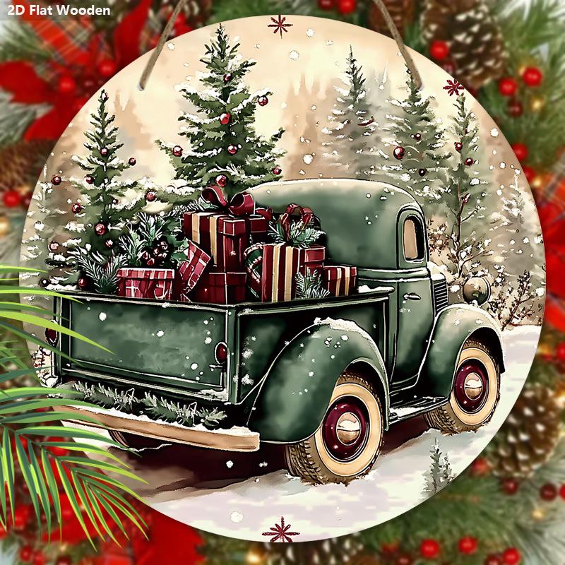 Christmas Wooden Sign with Vintage Pickup Truck Pattern, Warm Winter Round Sign for Front Door Wall Hanging Decor, Ideal Christmas Decoration