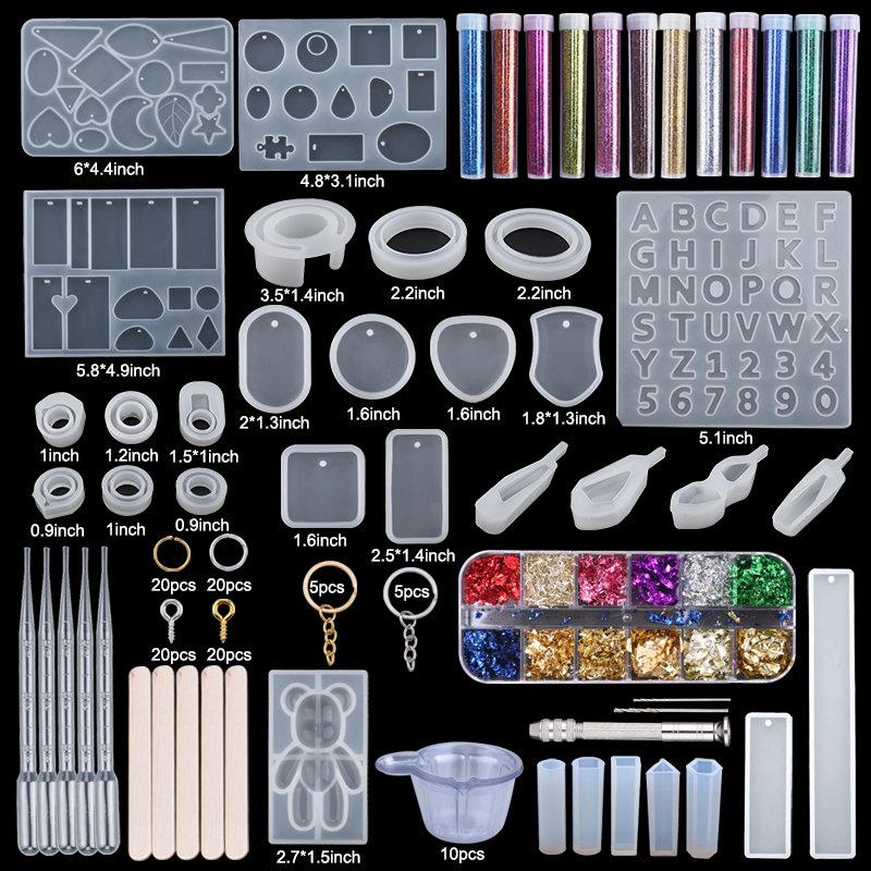 Silicone Mold For Epoxy Resin Set Jewelry Casting Mould Kit with Hand Drill,Glitter Sequins,Tools for Pendant Earring Making DIY