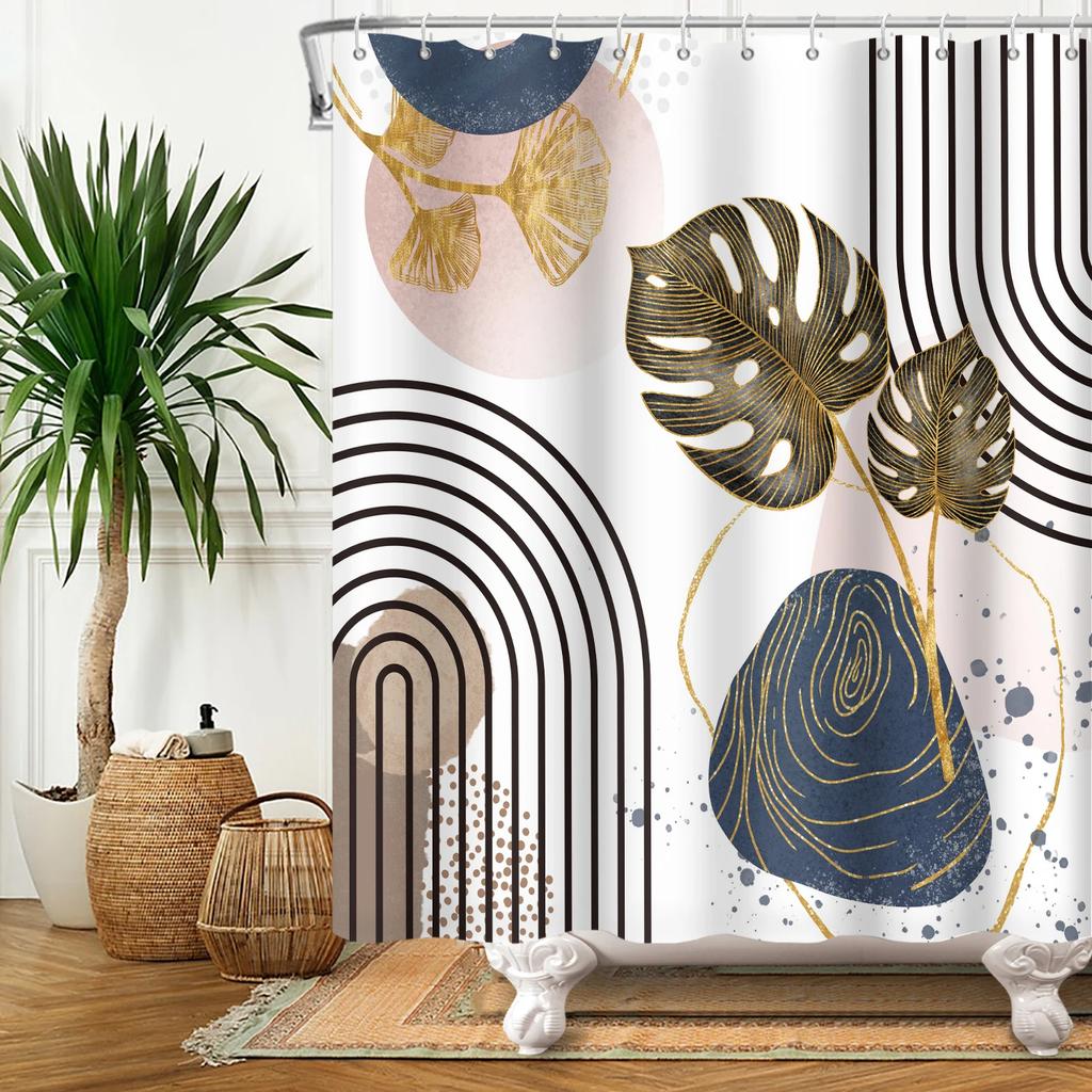 Nordic Wind Boho Shower Curtain for Bathroom Abstract Mid Century Modern Minimalist Geometric Arch Beige Bohemian Bath Curtain