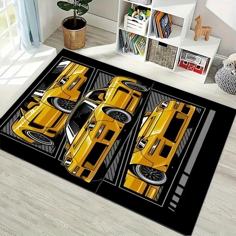 Yellow Classic Tuned Car Multi‑Panel Comic Print Area Rug Non‑Slip Rectangular Floor Mat Car Fan Decor for Gaming Room Living Bedroom