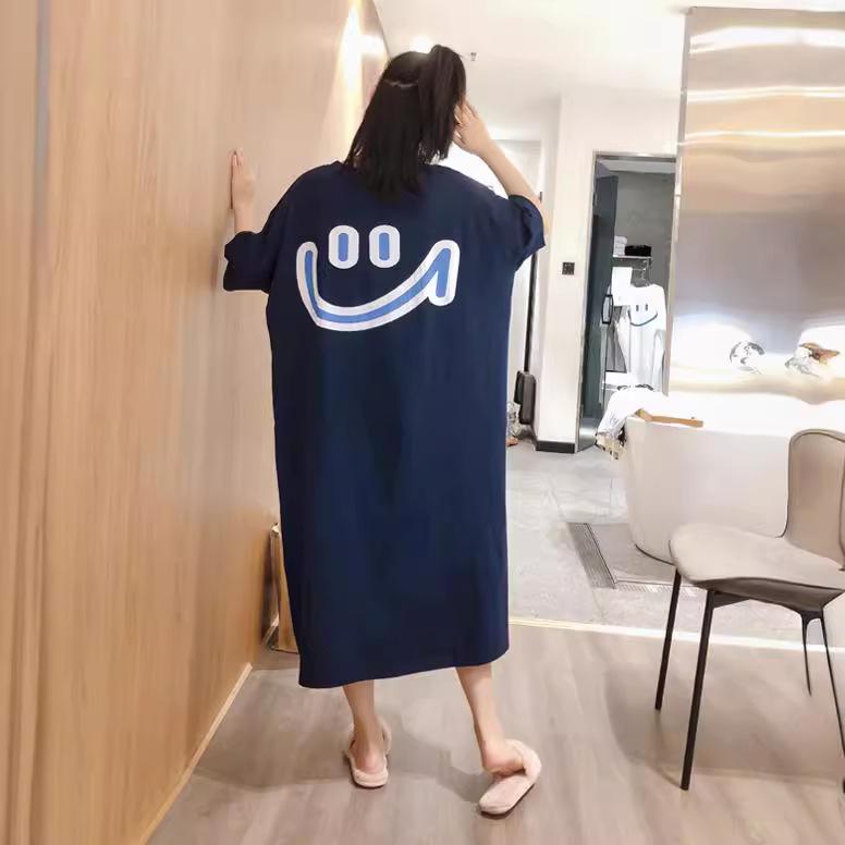 Women's Round Neck Short Sleeve Maxi Dress Loose Fit Mid Rise Smiley Face Printed Nightgown Sweet Casual Loungewear Sleep Dress