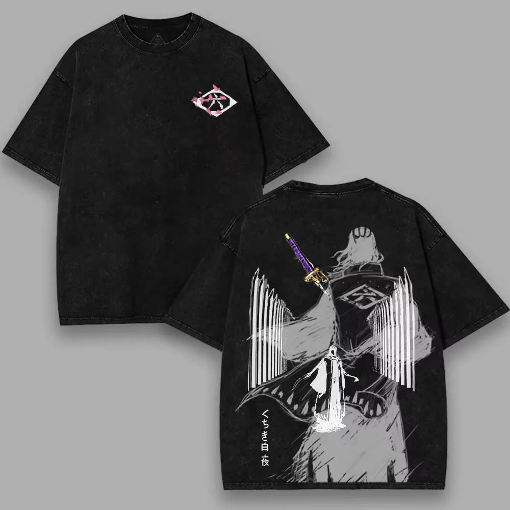 Kuchiki Byakuya T-shirt Anime Vintage Washed Oversized Tee Shirt Summer Short Sleeve Men's Clothing Tops