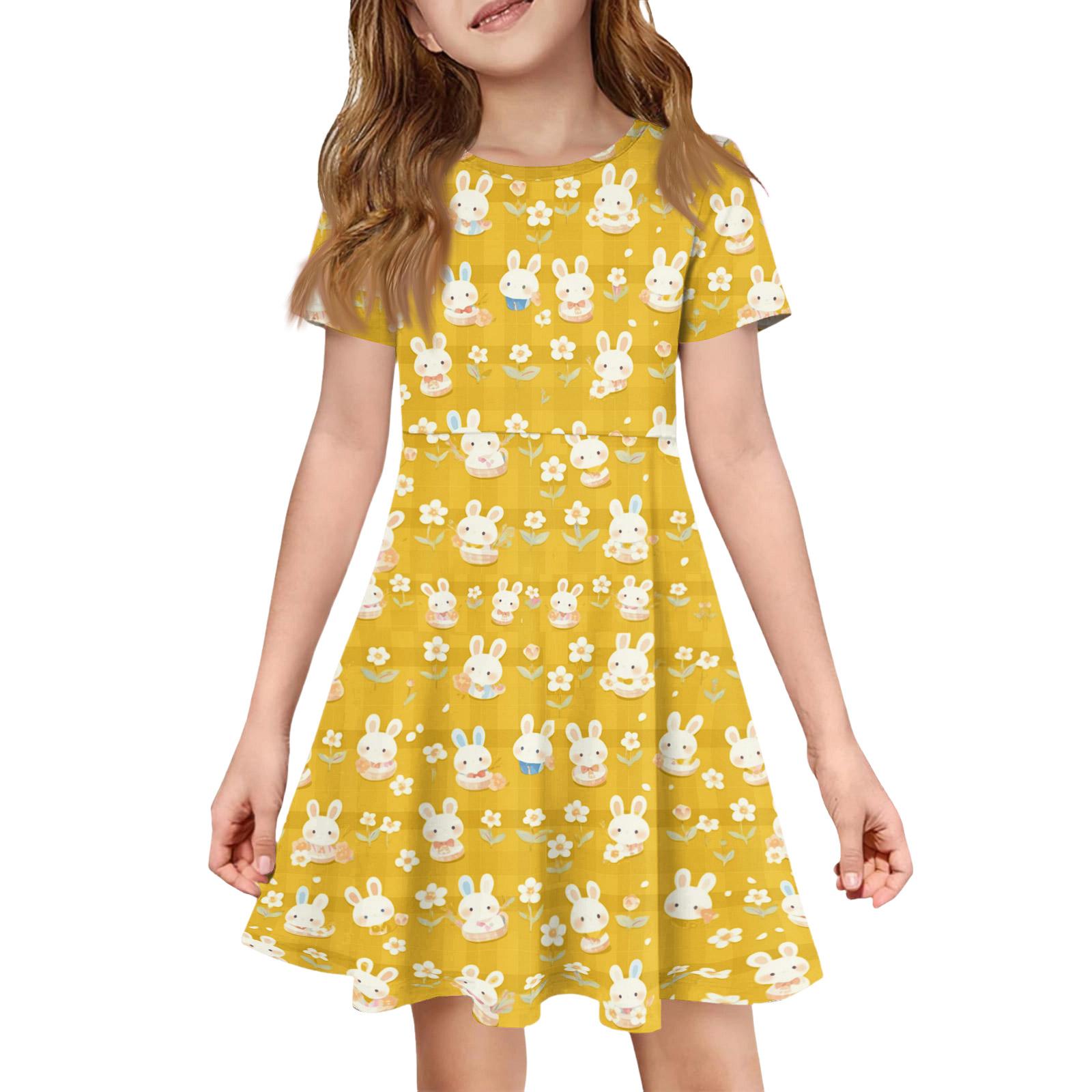 

Girl Summer Dress Color & Print Short Sleeve Dress With Pocket Casual Dress Shorts Sleeve Party Dress Easter Day 160 жовтий