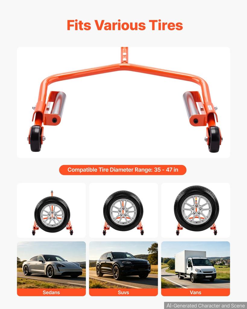 Tire Wheel Dolly, 204kg Heavy Duty Steel Truck Car Tire Dolly, Fits 889-1194mm Tires, 360° Rotating Rollers, Extended Labor-Saving Handle,