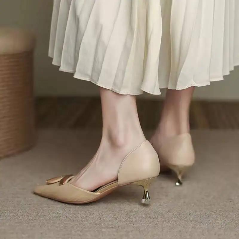 Fashion Metal Decoration Pointed Toe Office Apricot Women's Shoes Ladies Footwear With Medium Heels Stilito Luxury Leather Casual A E L