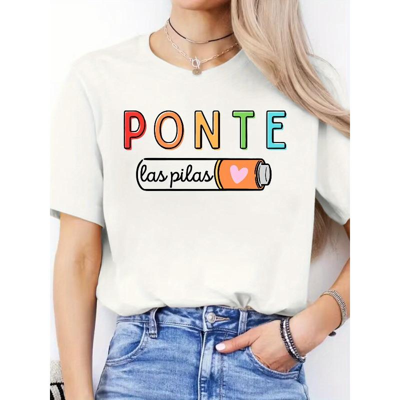 Spanish Letter Print Spring Summer Casual Round Neck Short Sleeve Sports T-Shirt Women s Top S белый