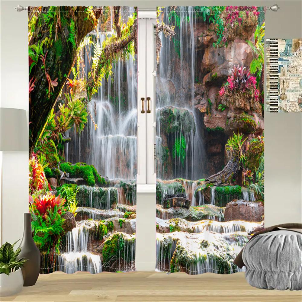 2Pcs Tropical Rainforest Curtains Waterfall Scenery Pattern Living Room Bedroom Window Decor Curtains Natural Landscape Theme