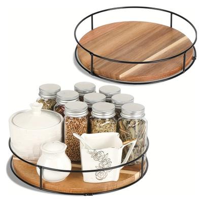 360-Degree Rotating Wooden Tray Smooth Edge Burr Free Non-Slip Design Rustic Style Dining Table Pantry Organizer Serving