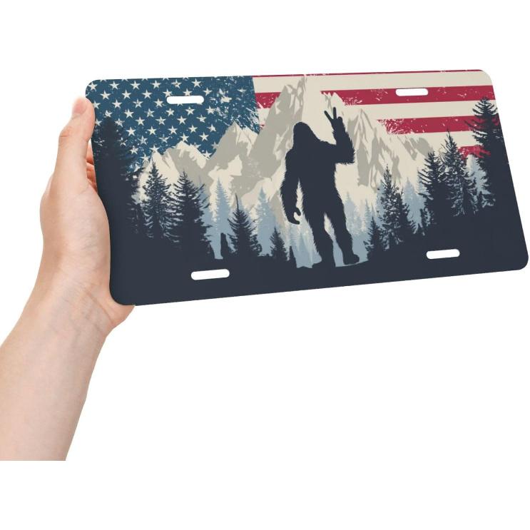 Front License Plate Cover, American Flag Bigfoot Sasquatch Car Decor Accessory Aluminum Metal Rust-Proof US Car Plate Novelty Vanity Tag Cover