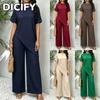 Fatos de Calça Casuais de Manga Curta com Gola Redonda para Moda Feminina DICFY