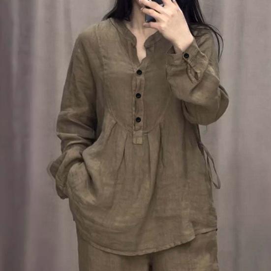 2 Pcs/Set Women Top Pants Suit Round Neck Half Single-breasted Long Sleeves