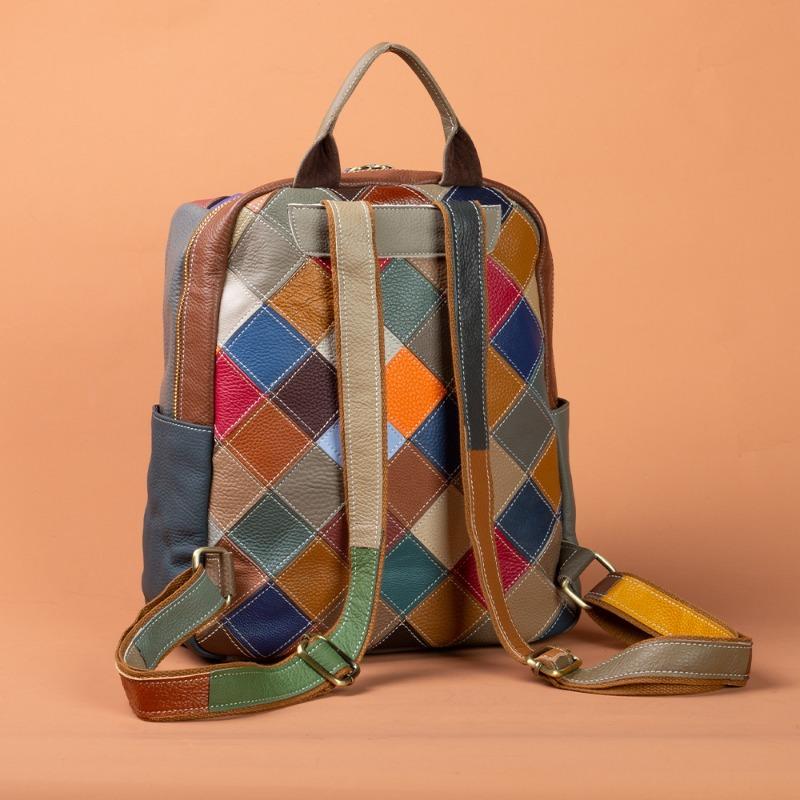 Designer Leather Women's Bag Artistic Bohemian Geometric Contrast Light Casual Backpack
