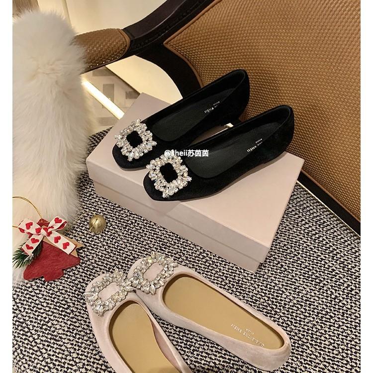 

[Su Yinyin of the same style] Year-end dinner~ square head diamond buckle shallow mouth velvet flat-soled single shoes women s commuter shoes 34