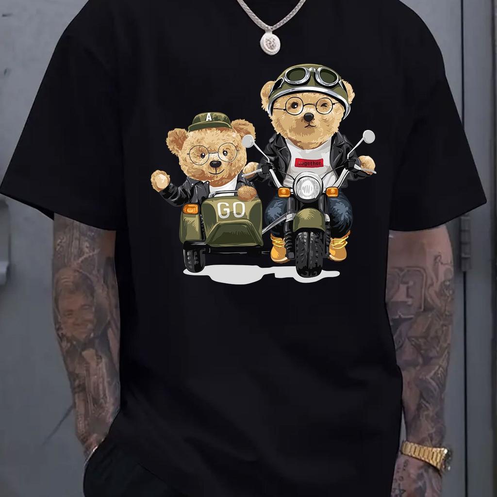 Summer 100 Cotton Fashionable Casual Sports Loose Cartoon Bear Pattern Printed Round Neck Short Sleeved Men's T-shirts