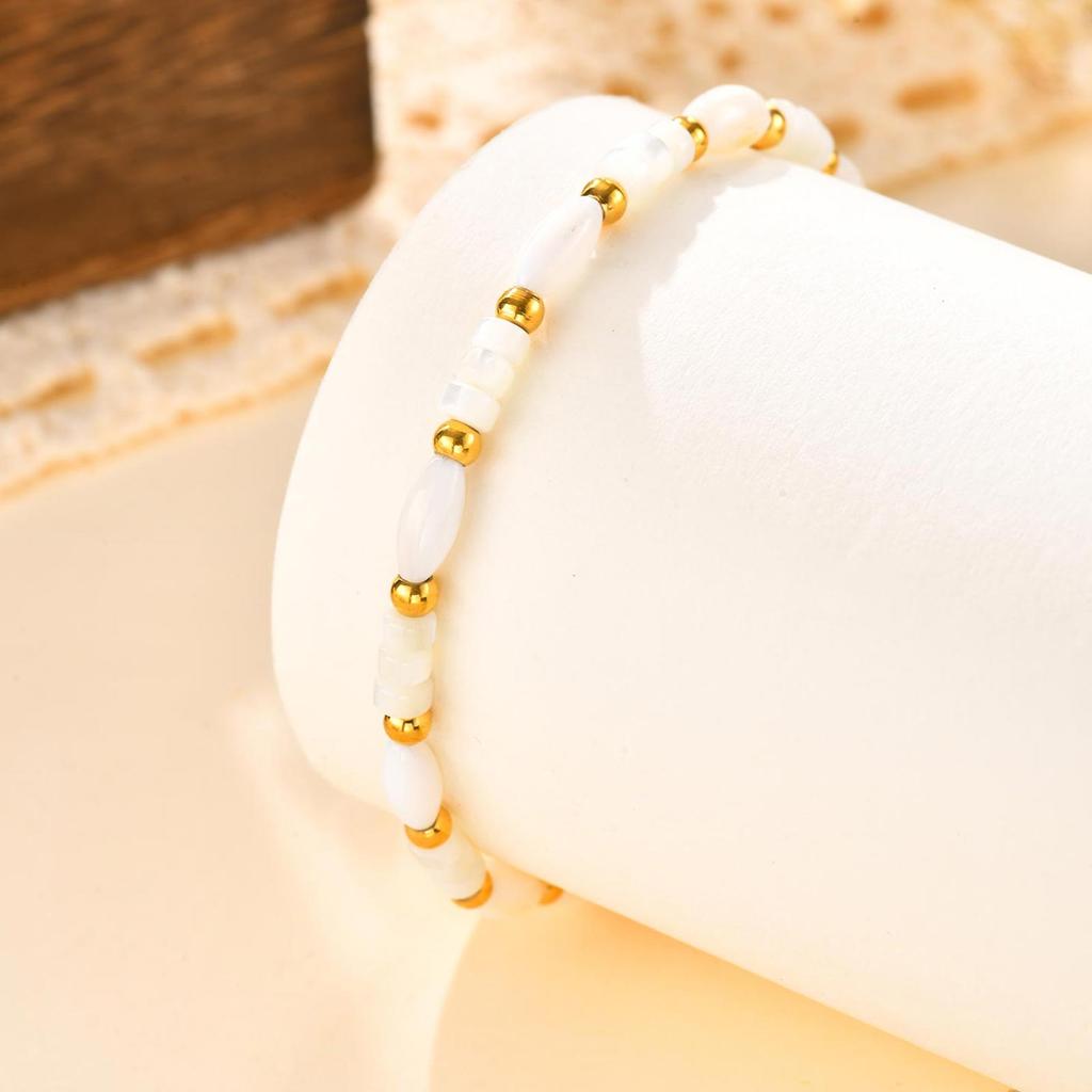 Women's White Shell Beaded Bracelet,Gold Color Stainless Steel Bracelets,Waterproof Charm Jewelry Gift