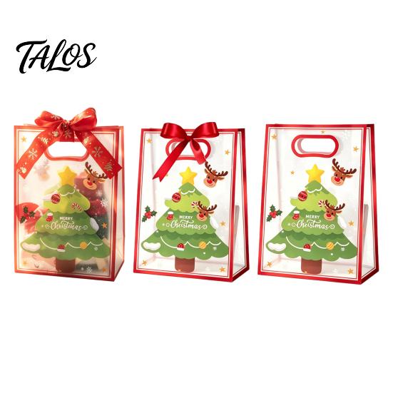 Small Gift Sacks for Christmas Bags with Handles, Reusable Clear PP Treat Dessert Packaging Candy Apples Cookies, Holiday Party Favor Ribbon Bow Eve