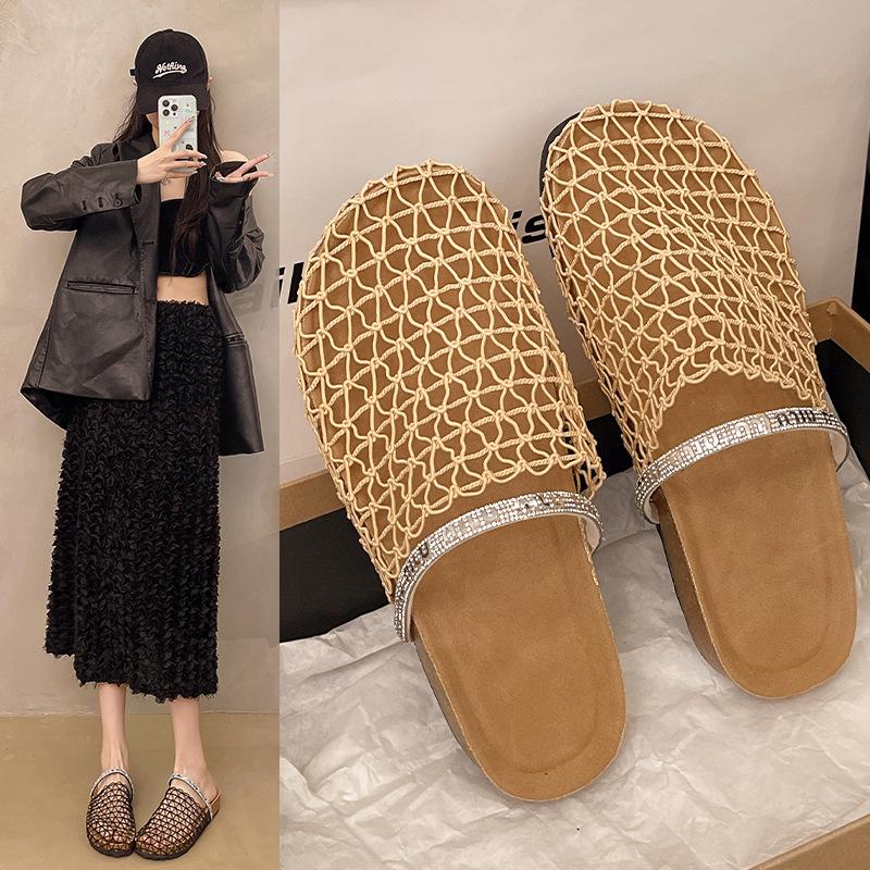 Summer new fisherman flat bottom round head baotou half slippers niche fishing net woven hollow cool slippers