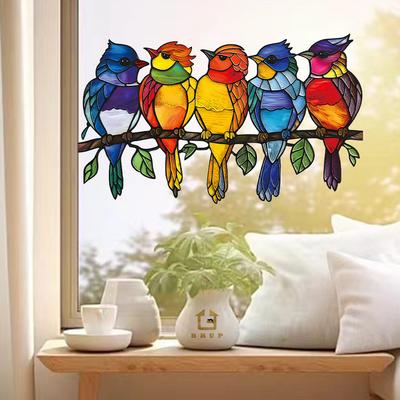 Adesivi per Finestra Picchio Dipinto a Mosaico Vintage, Decalcomanie Autoadesive per Decorazione Vetrine Negozi Casa
