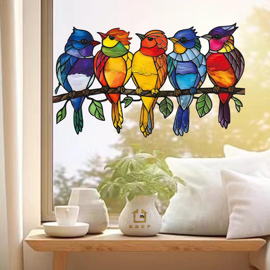 Vintage Mosaic Painted Woodpecker Window Stickers, Self-Adhesive Decals for Storefront Home Glass Decoration