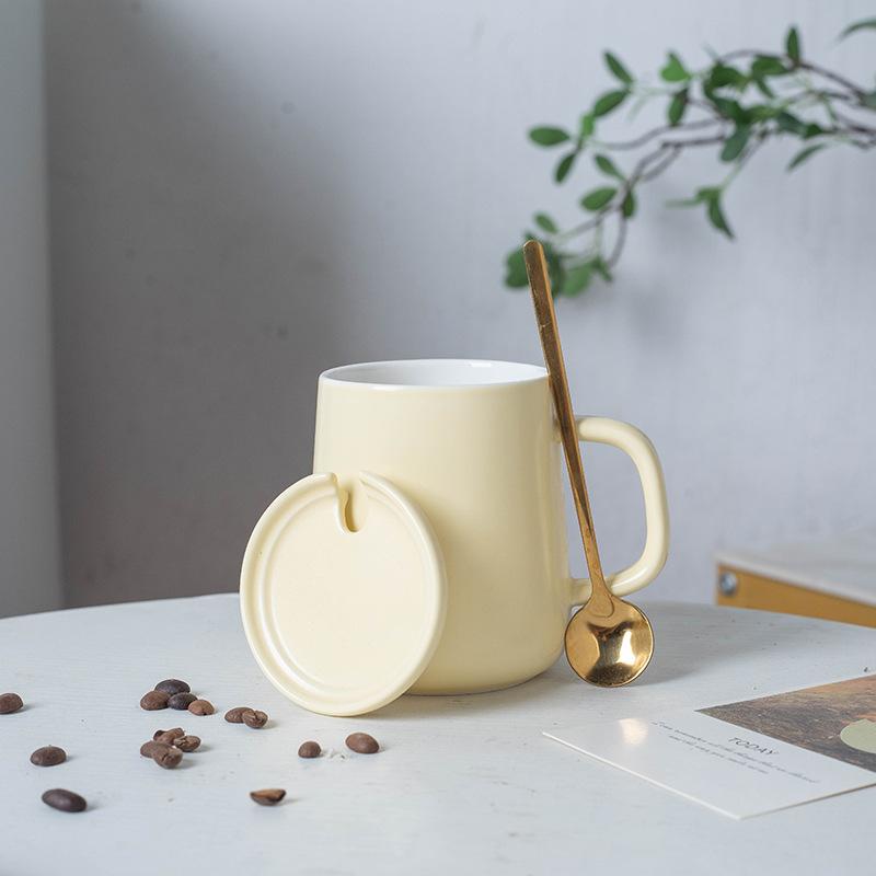 Nordic Ceramic Ns Wind Mug Creative with Lid with Spoon Water Cup Simple Coffee Cup Solid Color Cream Wind Matte