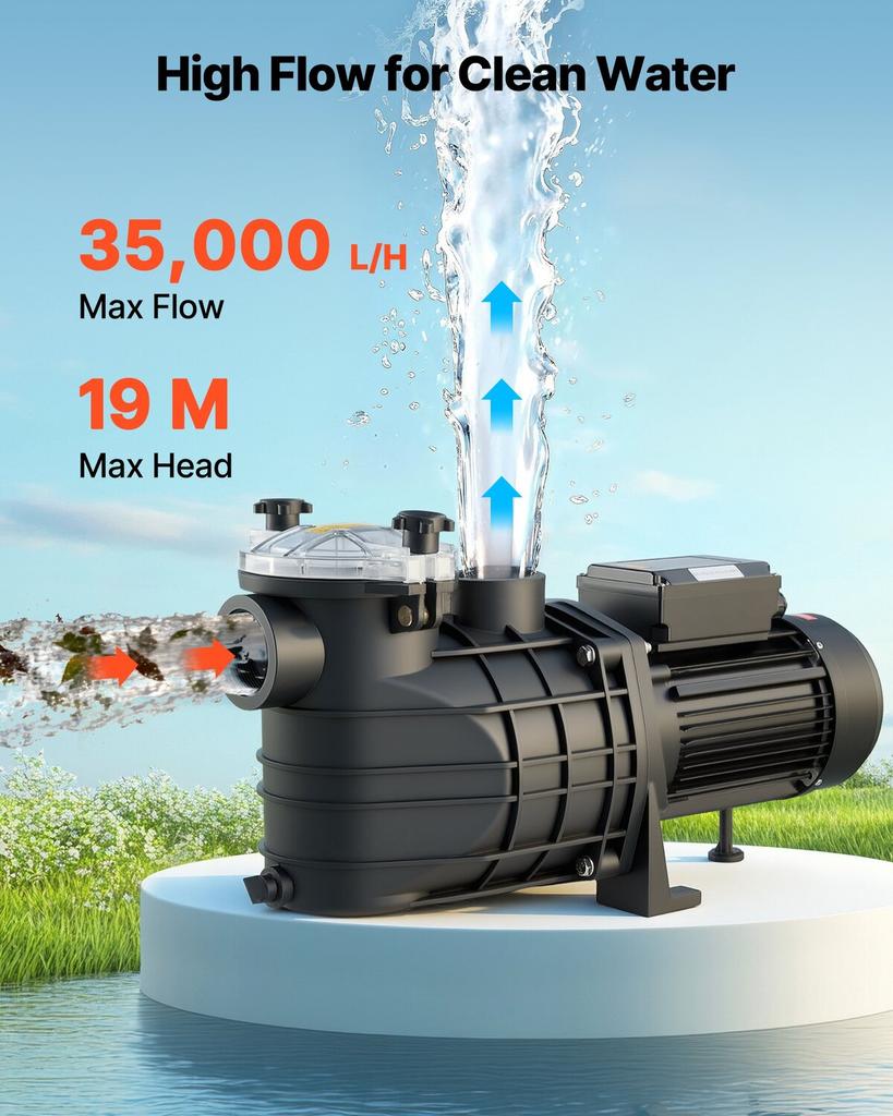 Zwembadpomp, 3000W, 35.000 L/U Maximaal Debiet Eén Snelheid Zwembadpomp, AC 220-240V, 2860 RPM, 19 m Maximale Opvoerhoogte, met 24-Uurs Timer & Filtermand, voor