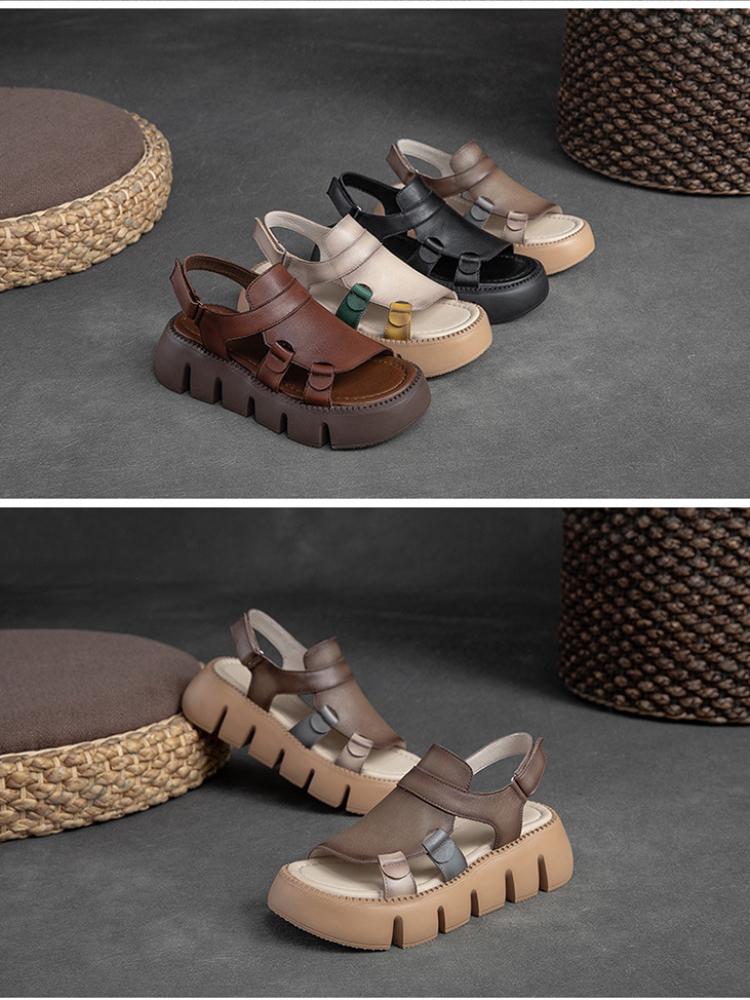 Johnature Γνήσιο δέρμα casual παχιά σόλα Peep Toe Σανδάλια Hollow Breathable Γυναικεία Παπούτσια Πλατφόρμας