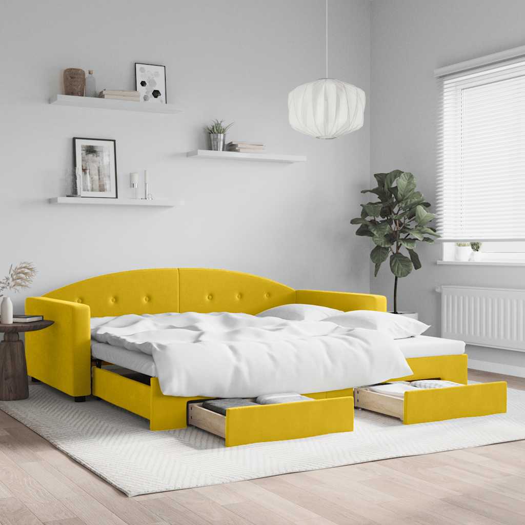 Pull Out Daybed with Drawers Yellow 100x200 Cm Velvet